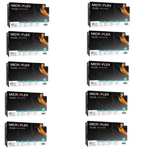 MicroFlex 93-256XXL-10 Case of Mega Texture Orange Nitrile Gloves, Size Extra Extra Large, 1,000 Gloves