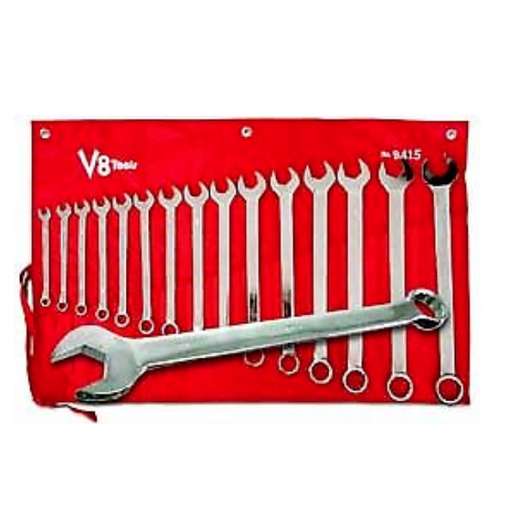 V8 Tools 9415 15 Piece SAE Long Pattern Combo Wrench Set